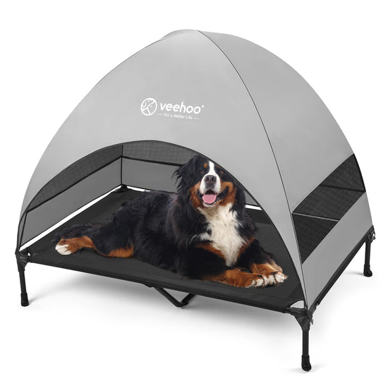 Veehoo Outdoor Dog Bed with Canopy Cooling Elevated Dog Bed with Removable Shade Non-Slip Feet Raised Dog Cot Bed for Large Dogs Dog Tent Bed for Camping Beach Large Black + Grey CWC2411